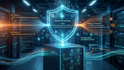 Unione corretta di due record SPF in un unico DNS, protetto dallo scudo digitale DMARC.