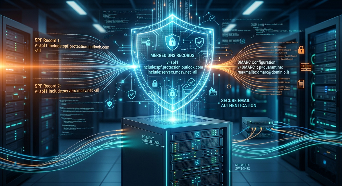 Unione corretta di due record SPF in un unico DNS, protetto dallo scudo digitale DMARC.