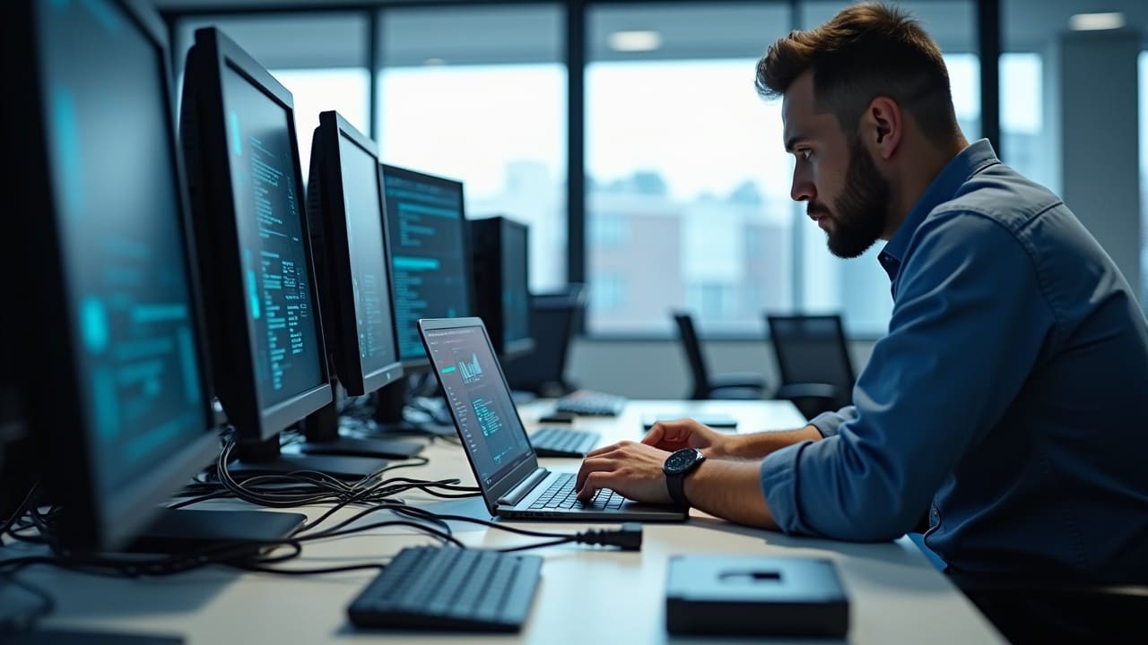 Tecnico esegue manutenzione informatica preventiva in azienda lombarda