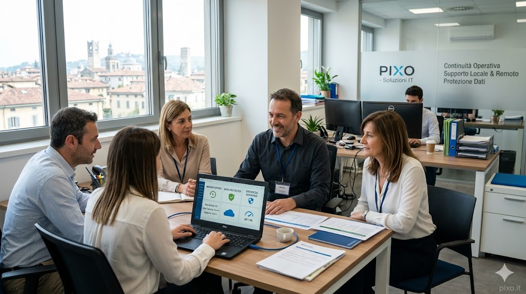 Team Pixo in ufficio durante supporto informatico aziendale e gestione continuità operativa