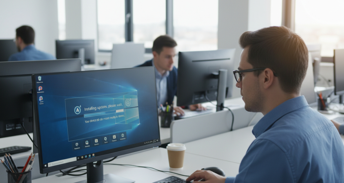 tecnico IT applica patch ufficiale Microsoft per estendere aggiornamenti Windows 10 su PC aziendali