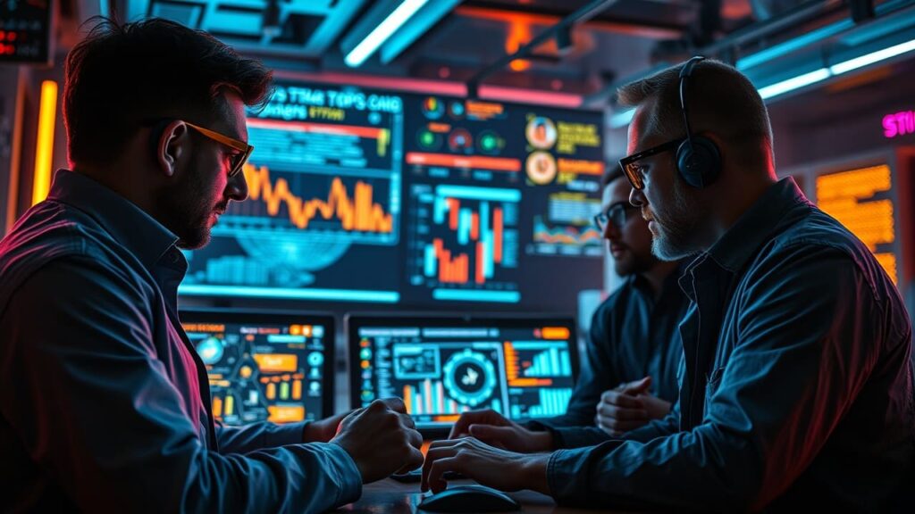 Team di esperti della sicurezza digitale che analizzano dati e grafici per implementare strategie di protezione per gli acquisti online.